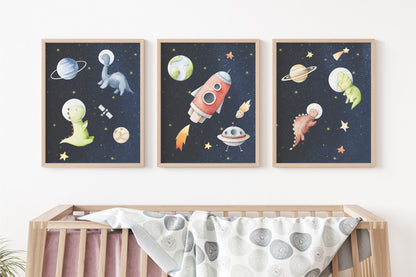 Space Wall Art, Dinosaur Nursery Prints set of 3