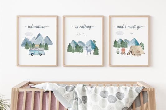 Adventure is calling Wall Art, Camping Nursery Prints set of 3