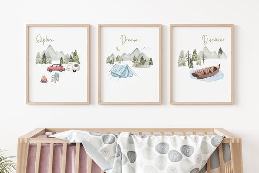 Explore Wall Art, Camping Nursery Prints set of 3