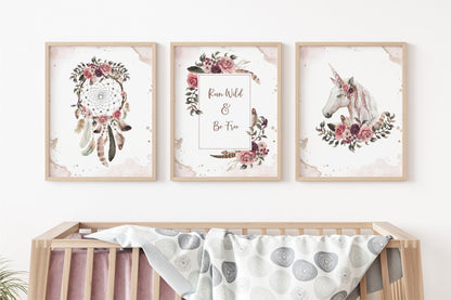 Dreamcatcher Wall Art, Boho Floral Nursery Prints set of 3